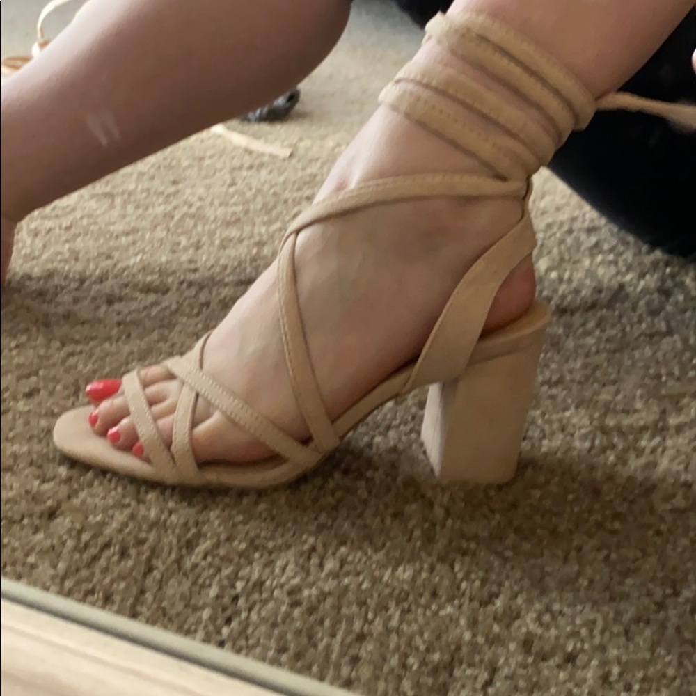 Nude wrap ankle block heels